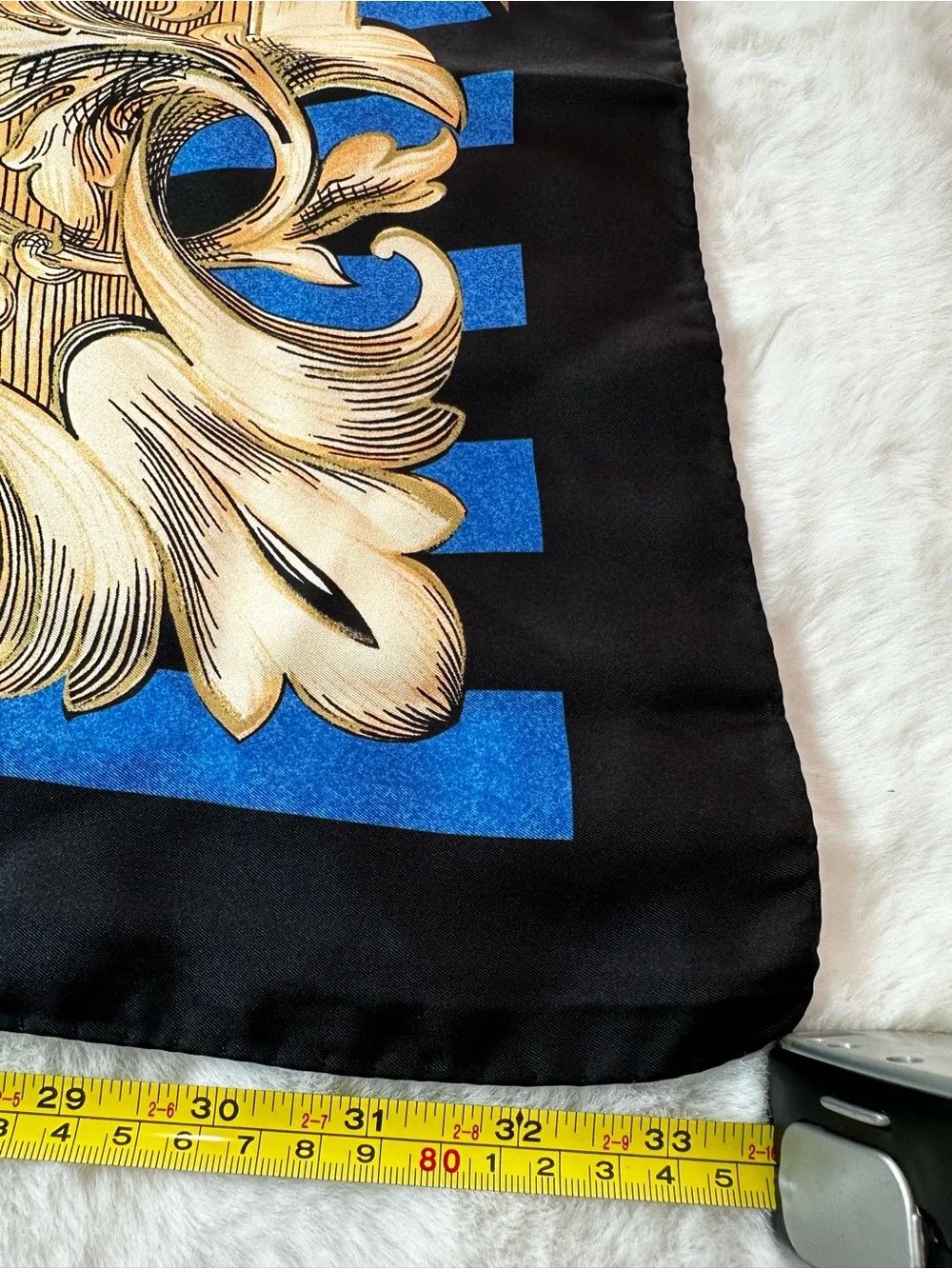 Versace Silk Medallion Scarf in Blue, Gold & Black